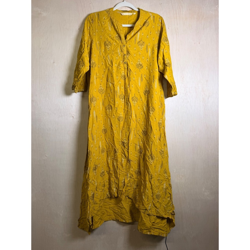 Avaasa Tunic Dress Women XXL Mustard Yellow Boho Gold Foil High-Low Kurta Tunic